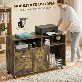 HOMCOM Dulap pentru Imprimantă pe Roți cu 2 Sertare, Încuietoare cu Cheie, 3 Rafturi și Dulap, pentru Documente de Birou și Studiu, 100x35x65 cm, Maro Rustic | Aosom Romania