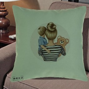 Cadou pentru Mama - Perna Personalizata Mama si Baietelul cu Ursulet, 40x40 cm, Verde, Husa Detasabila, Perna Inclusa, BEKZ®
