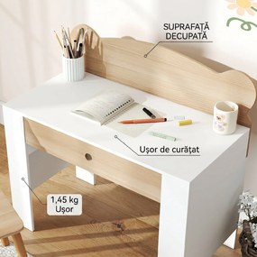 AIYAPLAY Set birou pentru copii cu sertar și scaun cu spătar ursuleț, 3-8 ani, culoare lemn | Aosom Romania