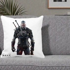 Perna Personalizata The Witcher Geralt of Rivia Portret, 40x40 cm, Alba Mata, Husa Detasabila, Perna Inclusa, BEKZ®
