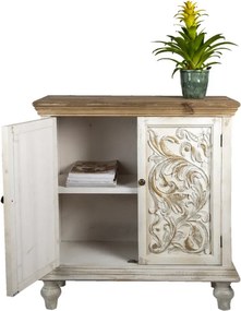 Comodă cu 2 uși, vintage, shabby chic, din lemn, alb, cu blat natur, raft interior și decor sculptat, 100 x 91 x 38 cm, „Fleur de Lys”