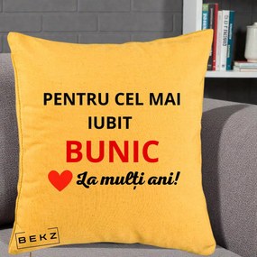 Cadou pentru Bunic - Perna Personalizata Pentru Cel Mai Iubit Bunic La Multi Ani Rosu, 40x40 cm, Galben, Husa Detasabila, Perna Inclusa, BEKZ®