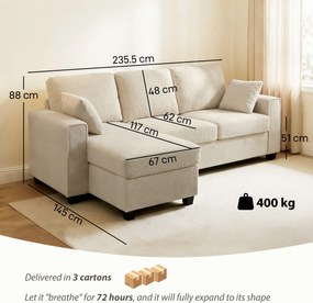 HOMCOM Colțar cu chaiselongue reversibilă, canapea 3 locuri cu aspect de catifea, șezut lat și adânc, perne cu arc, Bej | Aosom Romania