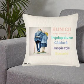 Cadou pentru Bunici - Perna Personalizata Bunicii Sursa Intelepciune Caldura Acuarela, 40x40 cm, Crem Reliefat, Husa Detasabila, Perna Inclusa, BEKZ®