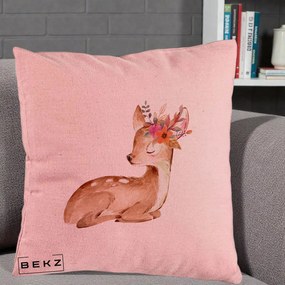 Perna Decorativa Caprioara cu Flori in Coama, 40x40 cm, Roz, Husa Detasabila, Perna Inclusa, BEKZ®