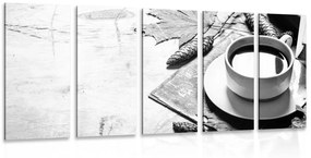 Tablou 5-piese o cană de cafea cu atingere de toamnă în design alb-negru