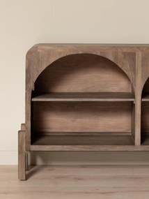Consolă din lemn de mango, cu 2 niveluri, arcade decorative și colțuri rotunjite, natur, finisaj mat, 150×30×90 cm, „Alhambra"