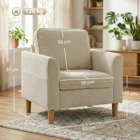HOMCOM Fotoliu de living din catifea côtelată, fotoliu 1 loc tapițat cu șezut lat și pernă cu arcuri, 83x74x87cm, bej | Aosom Romania