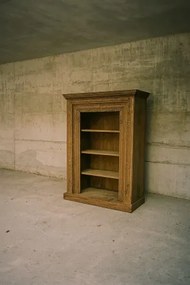 Bibliotecă din lemn masiv de teak cu sculpturi antice, finisaj natural, 3 rafturi, 120×50×180 cm, „Haveli"