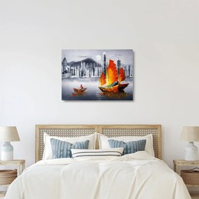Tablou pe sticlă - Victoria Harbour, Hong Kong, pictură în ulei alb- negru (70x50 cm)