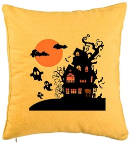 Perna Decorativa cu motiv de Halloween 4, 40x40 cm, Galben, Husa Detasabila, Burduf