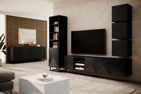 Comodă TV suspendată Asha 200 cm, fronturi riflate și nișă – negru mat