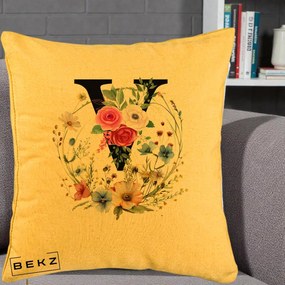 Cadou Personalizat - Perna Personalizata Monograma Florala Litera V cu Coroana, 40x40 cm, Galben, Husa Detasabila, Perna Inclusa, BEKZ®