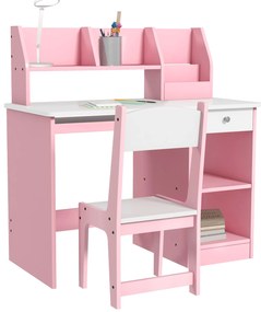 ZONEKIZ Birou copii cu scaun ergonomic cu sertar culisant pentru tastatură, nișe și rafturi deschise 90 x 45 x 90 cm roz | Aosom Romania