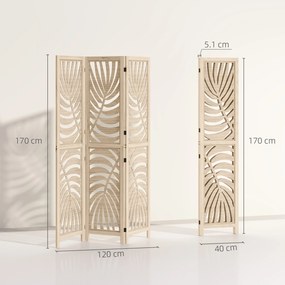 HOMCOM Paravan cu 3 Panouri, Separator Pliabil cu Design Frunze pentru Interior, Finisaj Natural | Aosom Romania