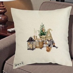 Perna Decorativa Gnom Scandinav cu Felinar, 40x40 cm, Ecru, Husa Detasabila, Perna Inclusa, BEKZ®