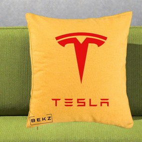 Perna Personalizata cu emblema Tesla, 40x40 cm, Galben, Husa Detasabila, Perna Inclusa, BEKZ®