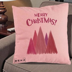 Perna Decorativa Merry Christmas Brazi Roz, 40x40 cm, Roz, Husa Detasabila, Perna Inclusa, BEKZ®