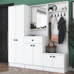 Pantofar Cuier Hol Genus cu 6 usi si oglinda, Alb, 180 x 183 x 37 cm