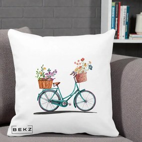 Perna Decorativa Bicicleta Florala Turcoaz Acuarela, 40x40 cm, Alba Mata, Husa Detasabila, Perna Inclusa, BEKZ®
