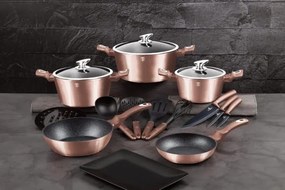 Set oale si tigai marmorate cu capac 17 piese, antiaderente, Rose Gold Berlinger Haus BH 6161