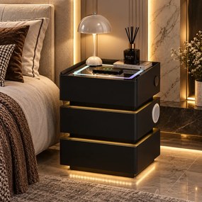 SÉLIA — Noptieră inteligentă cu încărcare Wireless, Bluetooth Stereo, iluminare RGB, USB + Type-C și senzor de mișcare, Negru