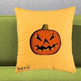 Perna Decorativa Halloween Dovleac Portocaliu Clasic, 40x40 cm, Galben, Husa Detasabila, Perna Inclusa, BEKZ®