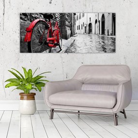 Tablou - Bicicleta roșie pe o stradă pavată (120x50 cm)