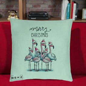 Perna Decorativa Flamingo Merry Christmas, 40x40 cm, Verde Menta, Husa Detasabila, Perna Inclusa, BEKZ®