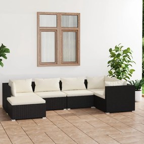 Set mobilier de gradina cu perne, 6 piese, negru, poliratan negru si crem, 3x colt + 2x mijloc + suport pentru picioare, 1