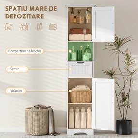 HOMCOM Dulap Vertical pentru Baie Slim cu 2 Dulapuri cu Uși, LED cu Senzor, Economisitor de Spațiu, Raft Deschis, Sertar, Picioare Reglabile, Modern, 40x30x170 cm, Alb | Aosom Romania