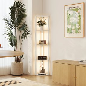 HOMCOM Lampă LED de podea, raft de colț, dimabilă, 4 rafturi, lumină alb cald, 41x30x164cm, stejar | Aosom Romania