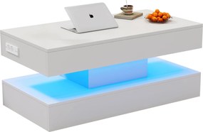 Masă de cafea modernă cu iluminare LED și spațiu de depozitare ascuns, măsuță laterală cu sistem hidraulic de ridicare, 100x50x42 cm, Alb