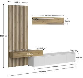 Set mobila living cu riflaj, alb stejar artisan, 250 cm lungime, panou cu riflaj, comoda tv cu push open, raft, Bortis impex