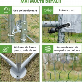 PawHut Coteț pentru Găini de Exterior, 2.8x3.8x2m Recintă din Oțel Zincat cu Acoperiș Impermeabil Anti-UV și Încuietoare, Găini, Iepuri și Rațe | Aosom Romania
