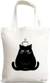 Sacosa de Panza pentru Cumparaturi, Geanta Tote, model Caffeine Cat 19 38 x 34.5 cm, Alba, BEKZ®