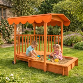 Groapa cu nisip cu verandă HAPPY, 130x130x143cm, maro/portocale Jurhan