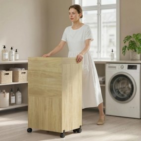 HOMCOM Dulap Masă de Călcat Rabatabilă cu Roți și Suport pentru Fier de Călcat, Dulap Multifuncțional cu Rafturi, Compartiment Deschis, pentru Spălătorie, Baie, 154x55x87 cm, Lemn Natural | Aosom Romania
