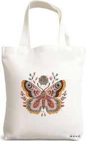 Sacosa de Panza pentru Cumparaturi, Geanta Tote Flower Butterfly, 38x34.5 cm, Alba, BEKZ®