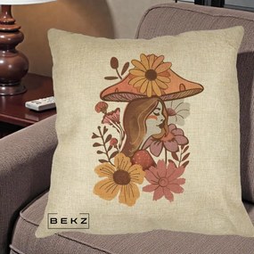 Perna Decorativa Fata Ciuperca Florala Boho, 40x40 cm, Crem, Husa Detasabila, Perna Inclusa, BEKZ®