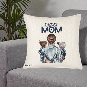 Cadou pentru Mama - Perna Personalizata Super Mom, 40x40 cm, Crem Reliefat, Husa Detasabila, Perna Inclusa, BEKZ®