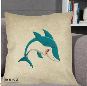 Perna Decorativa Rechin Albastru Cartoon, 40x40 cm, Crem, Husa Detasabila, Perna Inclusa, BEKZ®