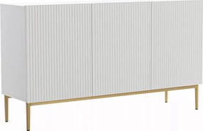 Comodă Nicole 150 cm cu 3 uși, fronturi riflate - alb mat / picioare aurii