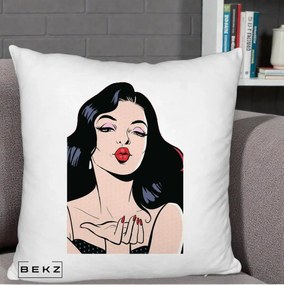 Perna Decorativa Femeie Pop-Art Kiss, 40x40 cm, Alb Pufos, Husa Detasabila, Perna Inclusa, BEKZ®