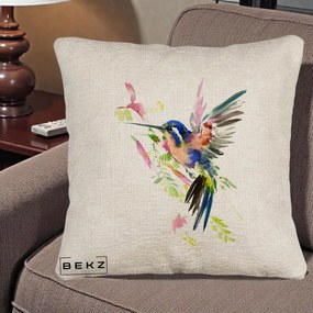 Perna Decorativa Colibri Acuarela, 40x40 cm, Bej Canapea, Husa Detasabila, Perna Inclusa, BEKZ®