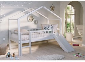 Pat Căsuță Elevat cu Tobogan Forrest Beech pentru Camera Copii, 90x200 cm, din Lemn Masiv de Fag, Alb – Vipack