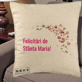 Cadou de Onomastica - Perna Personalizata Felicitari de Sfanta Maria, 40x40 cm, Bej, Husa Detasabila, Perna Inclusa, BEKZ®