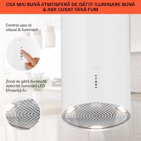 Klarstein Bolea, hota tip insulă, Ø38cm, mod de recirculare/extracție a aerului, 651m³/h, LED, inclusiv filtre de cărbune activ