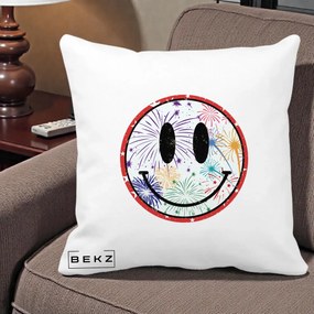 Perna Decorativa Smiley Face cu Artificii Multicolore, 40x40 cm, Alba Mata, Husa Detasabila, Perna Inclusa, BEKZ®