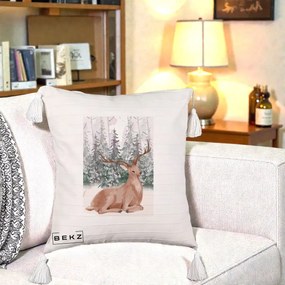 Perna Decorativa Ren in Padure Roz Moale, 40x40 cm, Bej cu Franjuri, Husa Detasabila, Perna Inclusa, BEKZ®